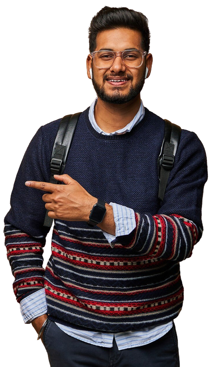 Happy student pointing